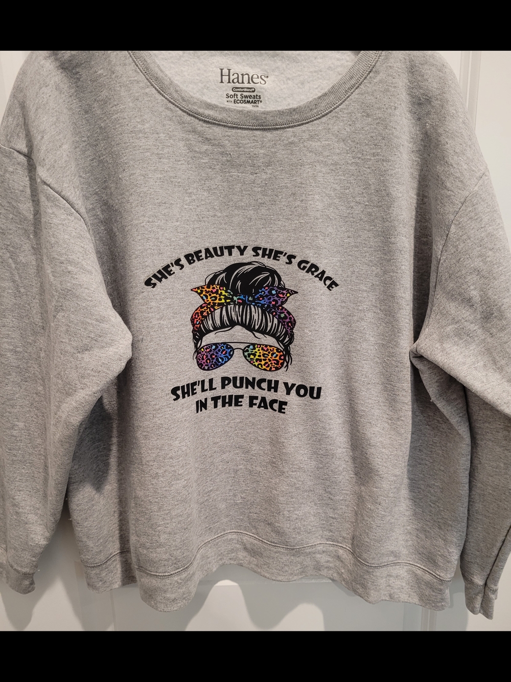 Hanes Gray Graphic Sweatshirt - 'She'll Punch You In The Face'
